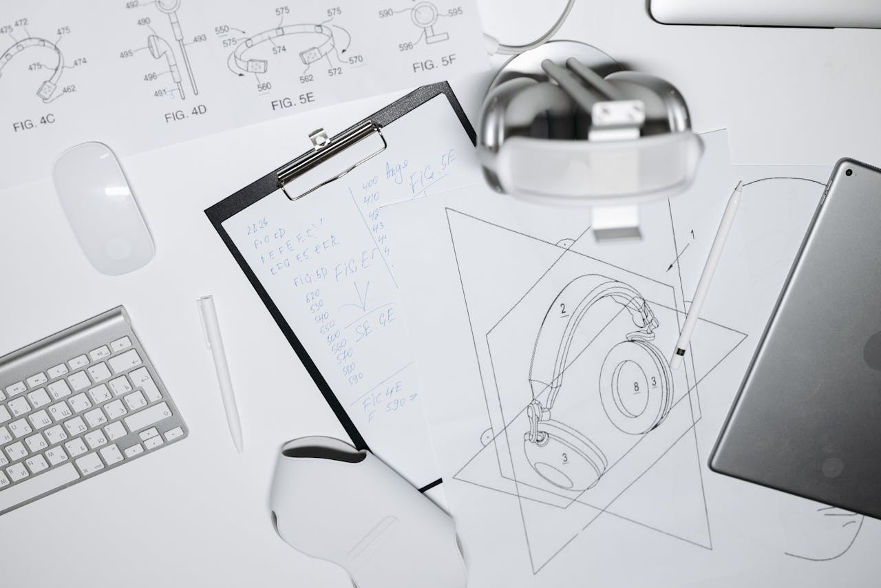 Top view of a workspace with headphone design sketches, keyboard, and mouse.